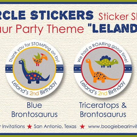 Little Dinosaur Birthday Party Stickers Circle Sheet Round Boy Girl Red Orange Blue Green Jurassic Dino Boogie Bear Invitations Leland Theme