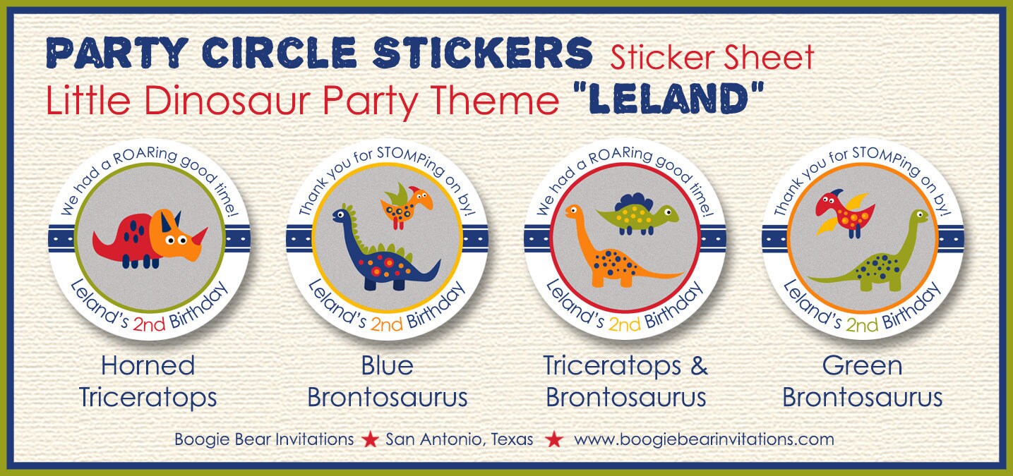 Little Dinosaur Birthday Party Stickers Circle Sheet Round Boy Girl Red Orange Blue Green Jurassic Dino Boogie Bear Invitations Leland Theme