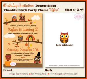 Thanksgiving Owls Birthday Party Invitation Girl Boy Fall Autumn Harvest Boogie Bear Invitations Paperless Printable Printed Rylan Theme