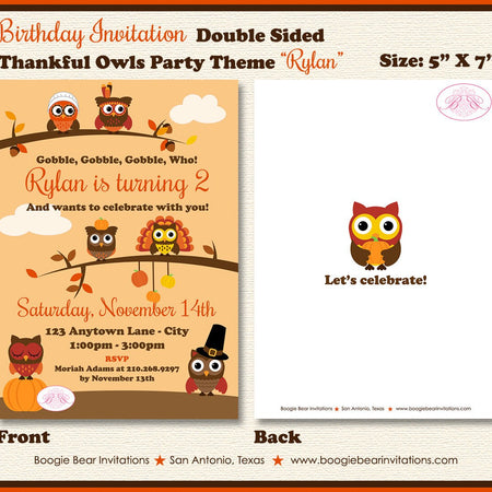 Thanksgiving Owls Birthday Party Invitation Girl Boy Fall Autumn Harvest Boogie Bear Invitations Paperless Printable Printed Rylan Theme