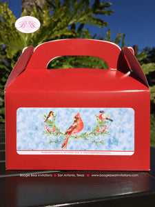 Red Cardinal Bird Winter Treat Boxes Party Favor Tags Bag Box Girl Boy Green Gold Snow Christmas Cheer Boogie Bear Invitations Fulton Theme