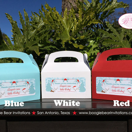 Woodland Winter Fox Party Treat Boxes Baby Shower Favor Tags Bag Christmas Snow White Red Blue Birthday Boogie Bear Invitations Aspen Theme