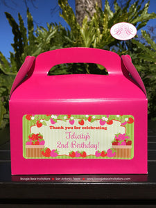 Pink Strawberry Birthday Party Treat Boxes Favor Tags Bag Girl Red Green Berry Strawberries Picking Boogie Bear Invitations Felicity Theme