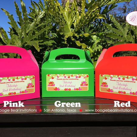 Pink Strawberry Birthday Party Treat Boxes Favor Tags Bag Girl Red Green Berry Strawberries Picking Boogie Bear Invitations Felicity Theme