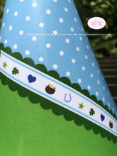 Load image into Gallery viewer, Blue Lucky Charm Birthday Party Hat Little Green Shamrock St. Patrick&#39;s Day Boy 4 Leaf Clover Ribbon Polka Dot Invitations Desmond Theme