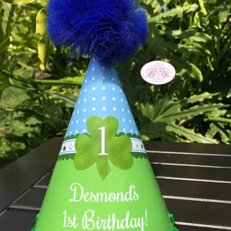 Blue Lucky Charm Birthday Party Hat Little Green Shamrock St. Patrick's Day Boy 4 Leaf Clover Ribbon Polka Dot Invitations Desmond Theme