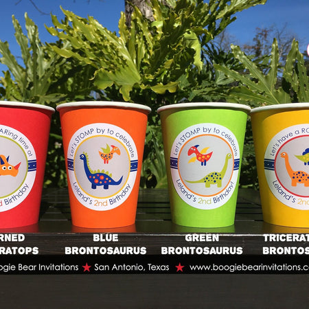 Little Dinosaur Birthday Party Beverage Cups Paper Girl Boy Orange Navy Blue Red Green Yellow Jurassic Boogie Bear Invitations Leland Theme