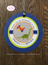 Load image into Gallery viewer, Little Dinosaur Birthday Party Favor Tags Girl Boy Orange Navy Blue Red Green Yellow Jurassic Stomp Boogie Bear Invitations Leland Theme