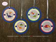 Load image into Gallery viewer, Little Dinosaur Birthday Party Favor Tags Girl Boy Orange Navy Blue Red Green Yellow Jurassic Stomp Boogie Bear Invitations Leland Theme