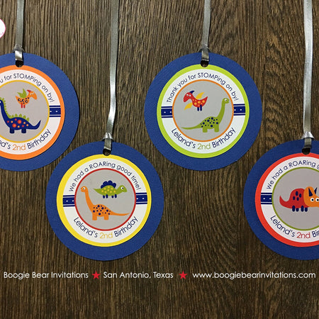 Little Dinosaur Birthday Party Favor Tags Girl Boy Orange Navy Blue Red Green Yellow Jurassic Stomp Boogie Bear Invitations Leland Theme