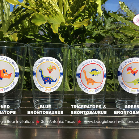 Little Dinosaur Birthday Party Beverage Cups Plastic Girl Boy Orange Navy Blue Red Green Yellow Stomp Boogie Bear Invitations Leland Theme