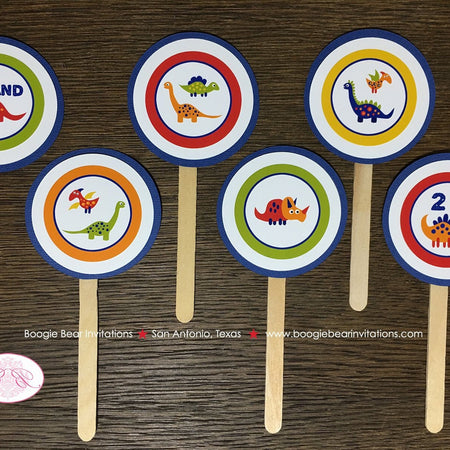 Little Dinosaur Party Cupcake Toppers Birthday Girl Boy Orange Navy Blue Red Green Yellow Jurassic Dino Boogie Bear Invitations Leland Theme