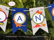 Load image into Gallery viewer, Little Dinosaur Party Pennant Cake Banner Topper Birthday Girl Boy Orange Navy Blue Red Green Roar Dino Boogie Bear Invitations Leland Theme