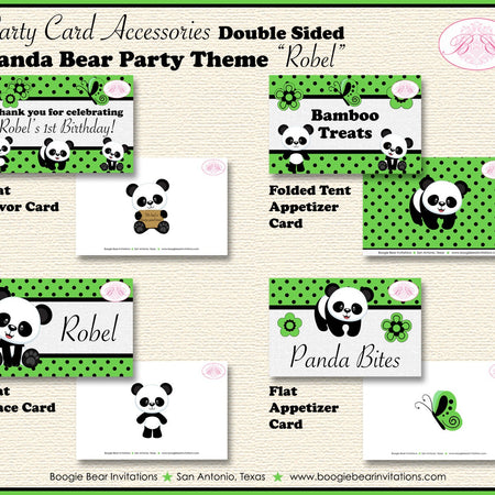 Green Panda Bear Birthday Party Favor Card Tent Appetizer Place Food Boy Girl Black Flower Butterfly Zoo Boogie Bear Invitations Robel Theme