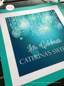 Blue Glowing Ornaments Door Banner Birthday Party Sweet 16 Teal Aqua Turquoise Glow Elegant Chirstmas Boogie Bear Invitations Caterina Theme