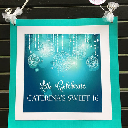 Blue Glowing Ornaments Door Banner Birthday Party Sweet 16 Teal Aqua Turquoise Glow Elegant Chirstmas Boogie Bear Invitations Caterina Theme