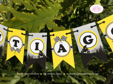 Load image into Gallery viewer, Dirt Bike Birthday Party Pennant Cake Banner Topper Flag Yellow Black Enduro Motocross Racing Race Boogie Bear Invitations Santiago Theme