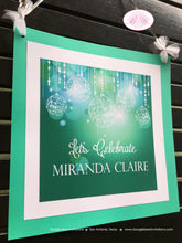 Load image into Gallery viewer, Green Glowing Ornaments Door Banner Birthday Party Sweet 16 Happy Blue Aqua Turquoise Formal Holiday Boogie Bear Invitations Miranda Theme