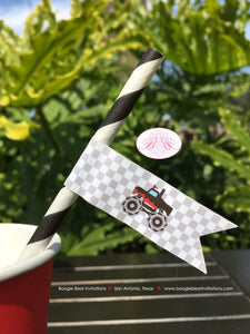 Monster Truck Birthday Party Paper Straws Red Black Race Pennant Smash Up Show Demo Arena Racing Modern Boogie Bear Invitations Juan Theme