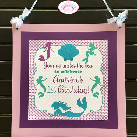 Mermaid Pool Birthday Party Door Banner Girl Swimming Purple Teal Aqua Turquoise Swim Splash Ocean Boogie Bear Invitations Andrina Theme
