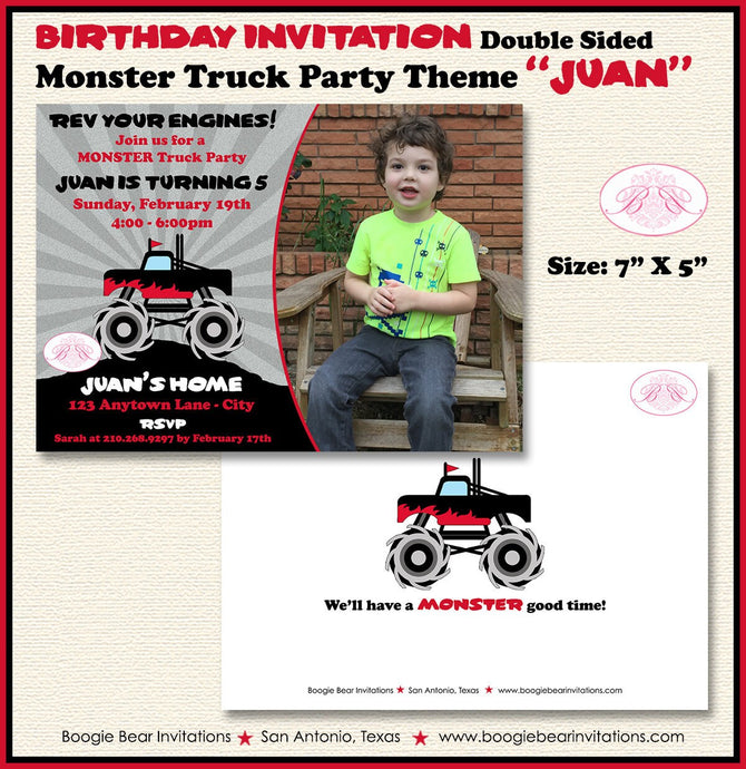 Monster Truck Birthday Party Invitation Photo Red Demo Smash Up Arena Show Boogie Bear Invitations Juan Theme Paperless Printable Printed