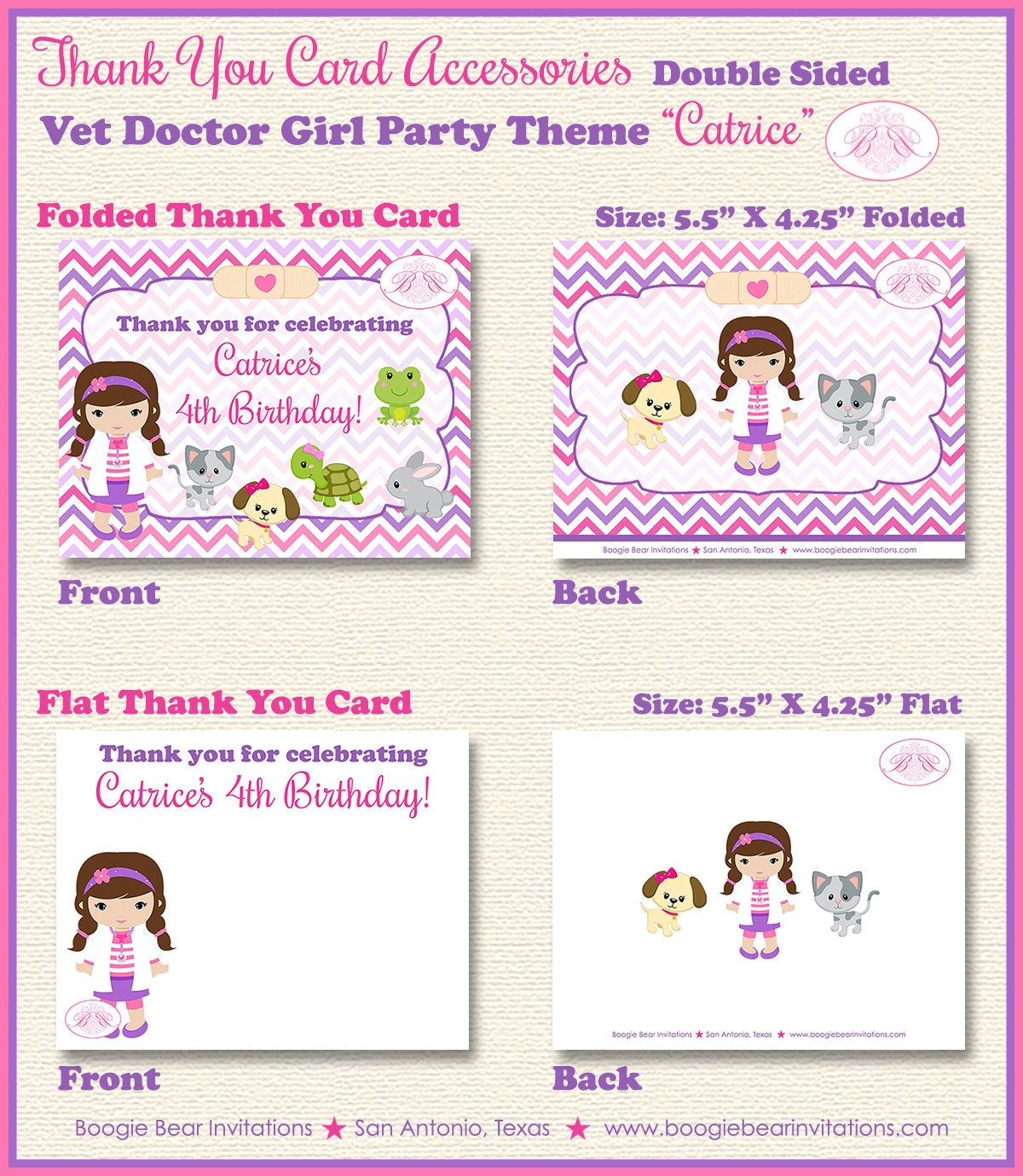Vet Doctor Girl Birthday Party Thank You Card Hospital Animals Pink Purple Emergency Nurse ER Boogie Bear Invitations Catrice Theme Printed