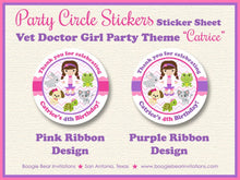Load image into Gallery viewer, Vet Doctor Girl Birthday Party Stickers Circle Sheet Round Animals Pink Purple Veterinarian Nurse Dr Boogie Bear Invitations Catrice Theme