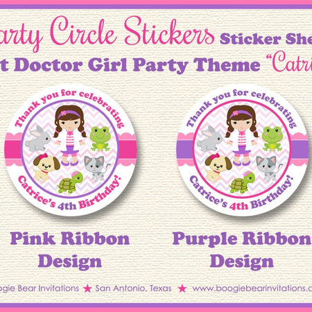 Vet Doctor Girl Birthday Party Stickers Circle Sheet Round Animals Pink Purple Veterinarian Nurse Dr Boogie Bear Invitations Catrice Theme