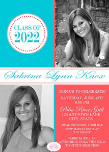 Modern Photo Graduation Announcement Party Red Aqua Blue 2022 2023 2024 2025 Boogie Bear Invitations Knox Theme Paperless Printable Printed
