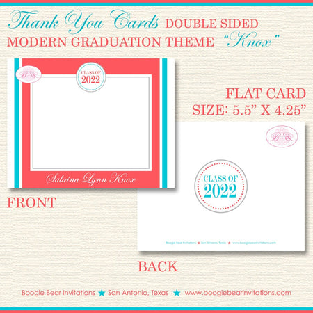 Modern Graduation Thank You Cards High School Aqua Teal Blue Red Coral Stripe 2022 2023 2024 2025 Boogie Bear Invitations Knox Theme Printed