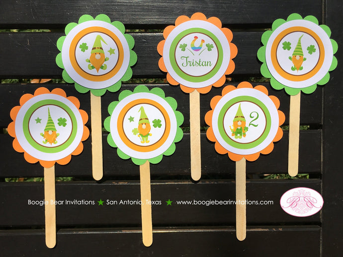 St. Patrick's Day Gnomes Party Cupcake Toppers Birthday Boy Girl Lucky Green Orange Clover Shamrock Boogie Bear Invitations Tristan Theme