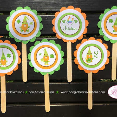 St. Patrick's Day Gnomes Party Cupcake Toppers Birthday Boy Girl Lucky Green Orange Clover Shamrock Boogie Bear Invitations Tristan Theme