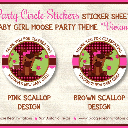 Little Moose Birthday Party Stickers Circle Sheet Round Pink Girl Forest Woodland Animals Calf Plaid Boogie Bear Invitations Viviana Theme