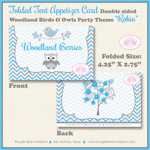 Woodland Birds Owls Baby Shower Favor Card Tent Appetizer Food Grey Gray Blue Boy Animals Forest Boogie Bear Invitations Robin Theme Printed
