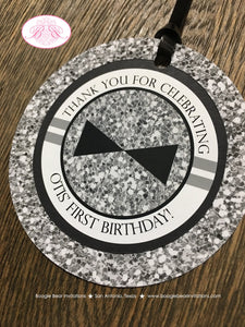 Mr. Wonderful Party Favor Tags Birthday 1st ONE Onederful Bow Tie Mustache Black Glitter Silver Grey Gray Boogie Bear Invitations Otis Theme