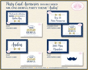 Mr Wonderful Birthday Party Favor Card Tent Appetizer Place Boy Gold Navy Blue ONE Onederful 1st Boogie Bear Invitations Auden Theme Printed