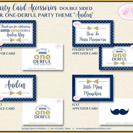 Mr Wonderful Birthday Party Favor Card Tent Appetizer Place Boy Gold Navy Blue ONE Onederful 1st Boogie Bear Invitations Auden Theme Printed