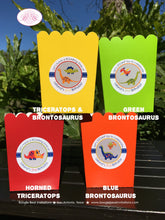 Load image into Gallery viewer, Little Dinosaur Birthday Popcorn Boxes Mini Food Buffet Party Orange Red Green Yellow Blue Prehistoric Boogie Bear Invitations Leland Theme