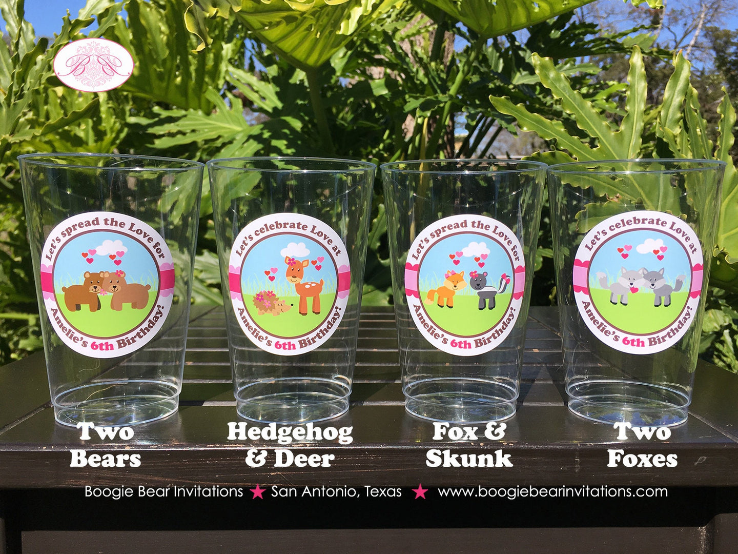 Valentines Day Woodland Party Beverage Cups Plastic Birthday Love Boy Girl Forest Woodland Red Pink Boogie Bear Invitations Amelie Theme