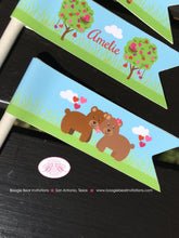 Load image into Gallery viewer, Valentines Day Woodland Pennant Cupcake Mini Sticks Birthday Party Paper Flags Forest Woodland Red Love Boogie Bear Invitations Amelie Theme