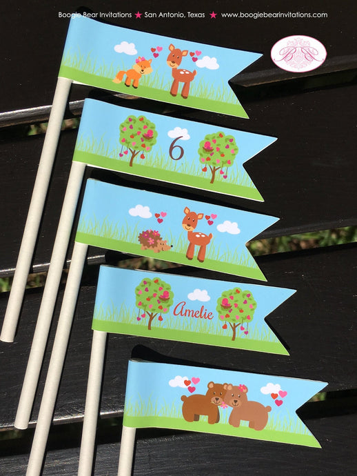 Valentines Day Woodland Pennant Cupcake Mini Sticks Birthday Party Paper Flags Forest Woodland Red Love Boogie Bear Invitations Amelie Theme