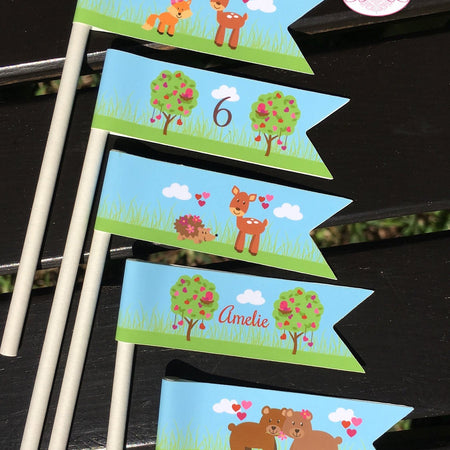 Valentines Day Woodland Pennant Cupcake Mini Sticks Birthday Party Paper Flags Forest Woodland Red Love Boogie Bear Invitations Amelie Theme