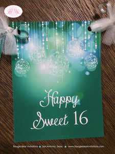 Green Glowing Ornaments Party Name Banner Birthday Sweet 16 Blue Aqua Teal Turquoise Formal Dinner Boogie Bear Invitations Miranda Theme