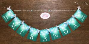 Green Glowing Ornaments Party Name Banner Birthday Sweet 16 Blue Aqua Teal Turquoise Formal Dinner Boogie Bear Invitations Miranda Theme