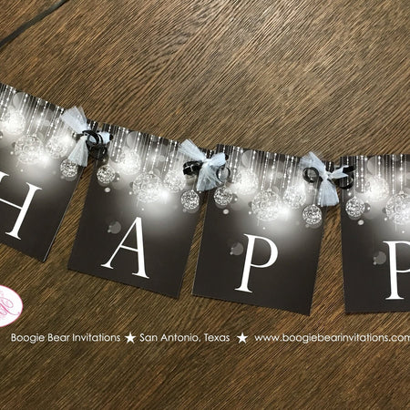 Happy Sweet 16 Party Banner Birthday Glowing Ornament Black White Grey Gray Silver Girl 21st 16th 30th Boogie Bear Invitations Onyx Theme