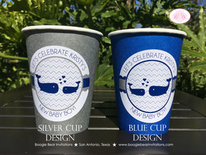 Blue Whale Baby Shower Party Beverage Cups Paper Drink Chevron Navy White Silver Boy Girl Swim Heart Boogie Bear Invitations Kristy Theme