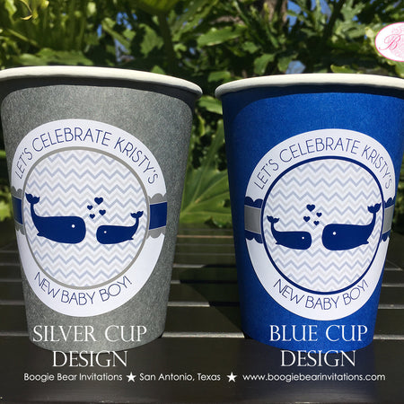 Blue Whale Baby Shower Party Beverage Cups Paper Drink Chevron Navy White Silver Boy Girl Swim Heart Boogie Bear Invitations Kristy Theme