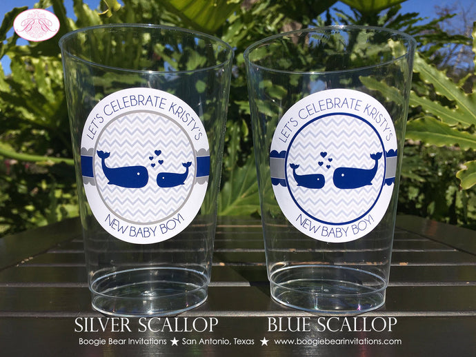 Blue Whale Baby Shower Party Beverage Cups Plastic Drink Chevron Navy White Silver Boy Girl Swim Heart Boogie Bear Invitations Kristy Theme