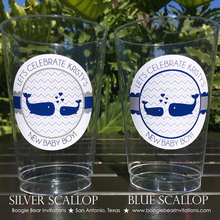 Blue Whale Baby Shower Party Beverage Cups Plastic Drink Chevron Navy White Silver Boy Girl Swim Heart Boogie Bear Invitations Kristy Theme