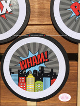 Load image into Gallery viewer, Superhero Birthday Party Cupcake Toppers Retro Red Black Blue Boy Girl Comic Cityscape Skyline Super Hero Boogie Bear Invitations Max Theme